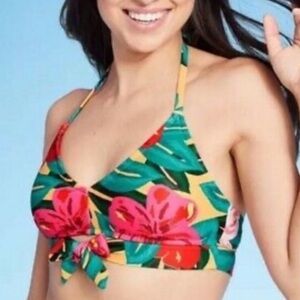 Kona Sol Tropical Floral Hawaii Tie Front Bikini Top Size S